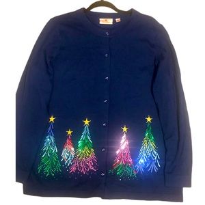 Quacker Factory Christmas Tree Cardigan with embroidered and studded detailing.